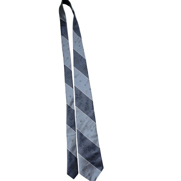 Vintage 70s Blue Silk Neck Tie Men Accessories Geometric Embroidered Formal Work - Picture 15 of 16